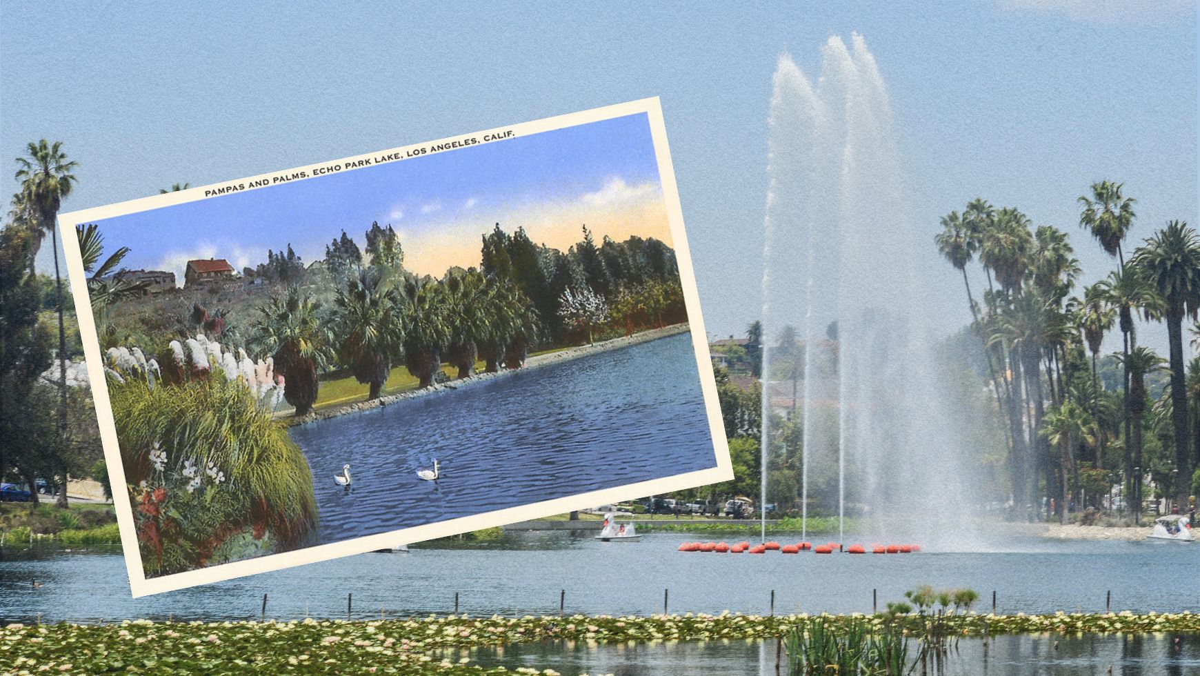 If you’re looking to reset, recharge, or feel inspired before a big campaign or project of your own, try visiting some of our California marketing agency’s favorite destinations below. You’ll be making a splash in no time. Postcard art of Echo Lake in Los Angeles.